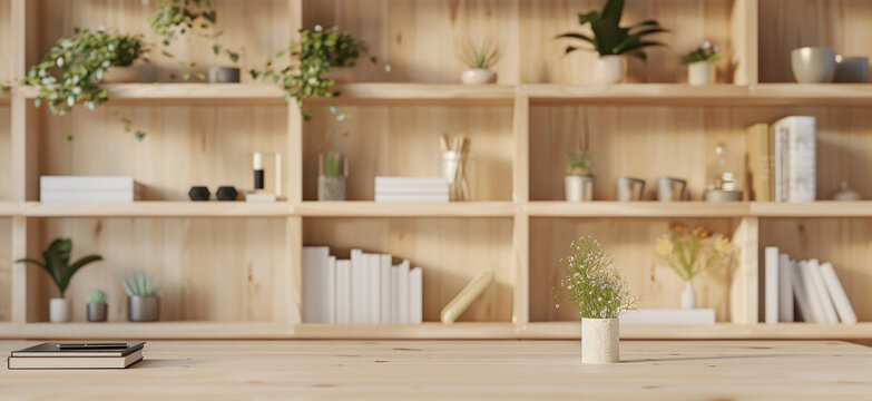 Office interior backdrop for online meetings. Light home office setting bookshelves background. Minimalist online workspace aesthetics. Video conferencing room design in pastel tones.