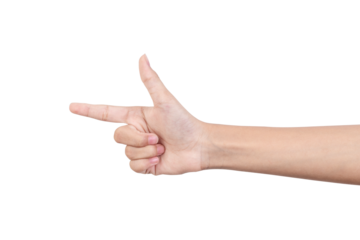 Girl hand is finger gun gesture pointing to something. Pointing fingers, Hand gesture isolated on white background with clipping path.