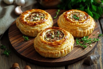 Savory meat mini pie on wood