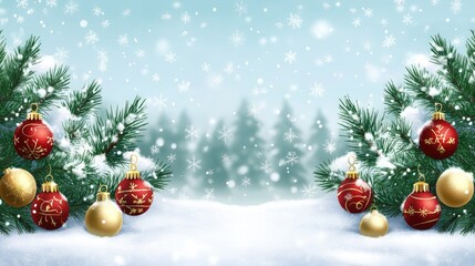 Christmas Border Featuring Lush Fir Branches Adorned with Red and Gold Ornaments on a Soft Snowy Landscape with Gentle Snowfall