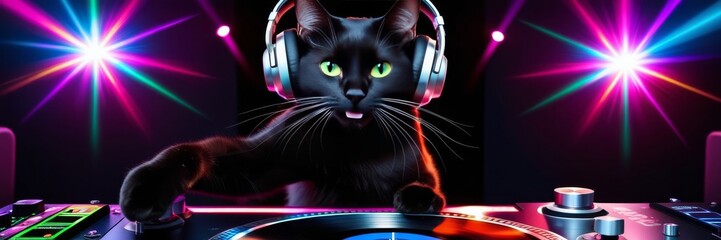 A cat stands behind a DJ booth, scratching a giant vinyl record with headphones on. Nightlife, music concept. Invitation sticker, event nightclub. Website banner