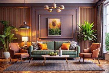 Fototapeta premium Modern Living Room Interior with Mockup Frame on Wall Showcasing Contemporary Decor, Elegant Furniture, and Stylish Atmosphere for Home Design Inspiration