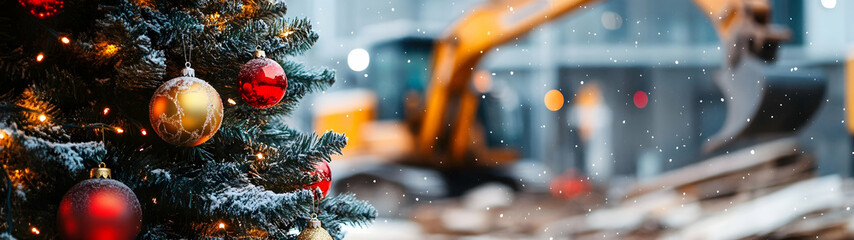 Decorated Christmas tree with gifts inside a construction site with construction machinery in the background. Concept of Christmas celebration during working.