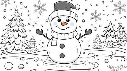 Coloring page of Cheerful Snowman Surrounded by Falling Snowflakes and Christmas Trees in a Whimsical Winter Wonderland Coloring Page for Kids and Adults