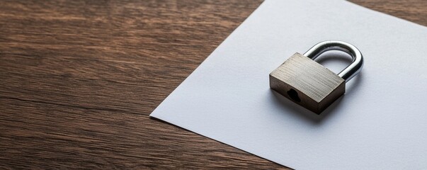 law restriction and litigation concept. Locked padlock on a paper resting on a wooden surface.