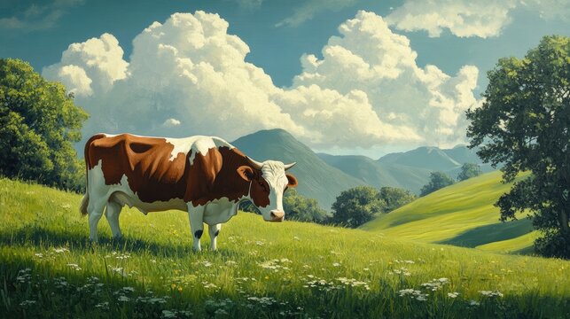 Brown and white cow grazing on vibrant green grass with rolling hills and fluffy clouds in a sunny summer landscape