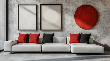 Minimalist, japandi style interior design of modern living room. Sectional sofa with black and red pillow near stucco wall with abstract art frame.