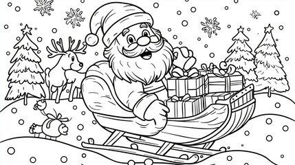 Obraz premium Coloring page of Happy Santa Claus Coloring Page with Sleigh Full of Gifts Surrounded by Trees and Deer in a Winter Wonderland Scene for Kids to Enjoy and Color