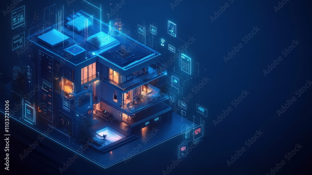Poster smart home technology concept, futuristic house with digital interface, showing automated systems an