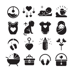 Newborn baby black set silhouette vector illustration