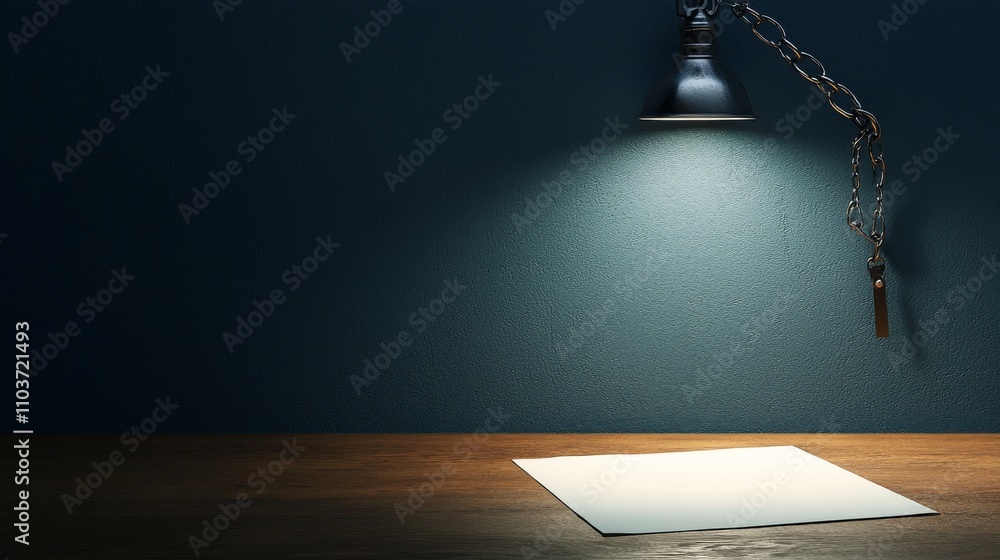 Aufkleber law restriction and litigation concept. a dimly lit workspace with a single sheet of paper under a l