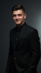 Portrait of a man in a black suit with a serious expression