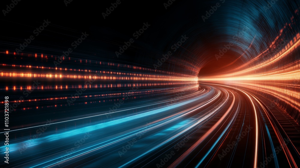 Poster dynamic light streaks illuminate a tunnel, captivating visual journey through the center of the infr