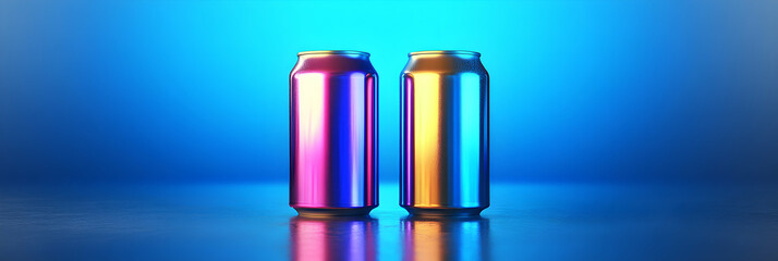 Vibrant Iridescent Aluminum Cans on Blue Background, Product Mockup, Beverage Packaging Design, Cool Tones,