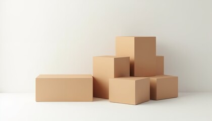 Fototapeta premium Stacked cardboard boxes on white background, minimalistic mockup