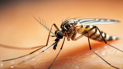 Fototapeta premium Close-Up of a Mosquito on Human Skin in the Wild, A Detailed Glimpse into Nature's Tiny Predator 