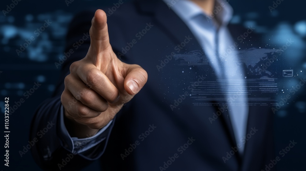 Poster businessman in suit navigating a virtual interface, symbolizing technological innovation and future 