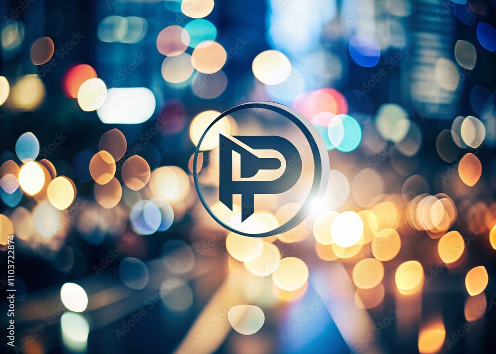 Poster modern p logo design with arrow element and bokeh effect for creative branding and marketing purpose