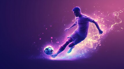 Fototapeta premium Soccer player kicking ball, dynamic action pose, vibrant light effects.