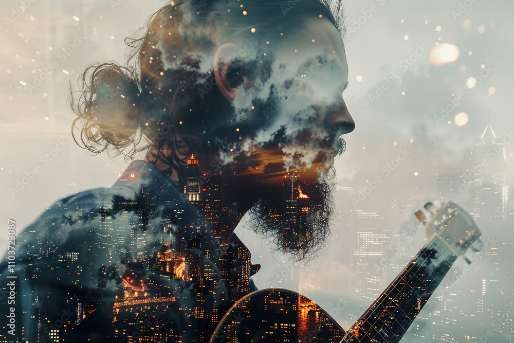 Poster a double exposure image of a professional worker silhouette generative ai