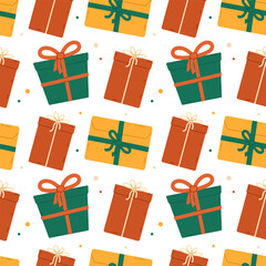 Christmas gifts seamless pattern. Flat vector illustration
