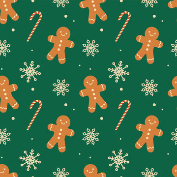 Gingerbread cookies and Christmas candy cane seamless pattern. Christmas print for fabric and wrapping paper. Flat vector illustration