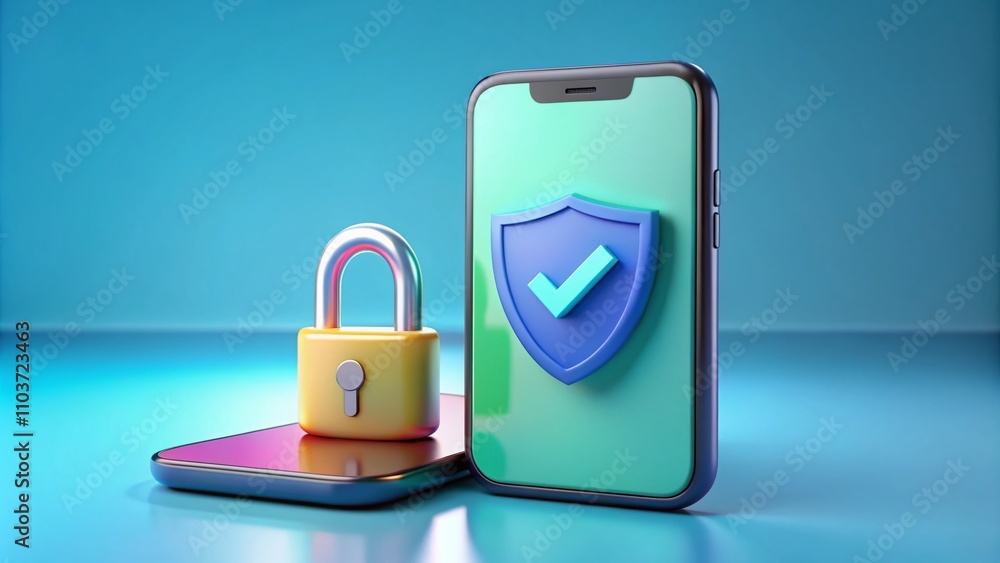 Aufkleber modern smartphone with security features: 3d rendering of a cartoon minimal design featuring a shiel