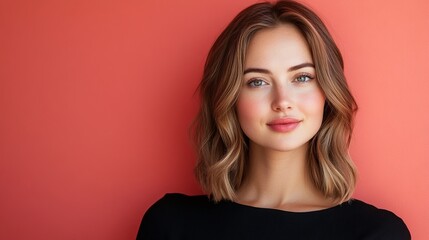 Naklejka premium Beauty and skin care products banner concept. A beautiful young woman model wearing a black dress and perfect makeup on a soft red background