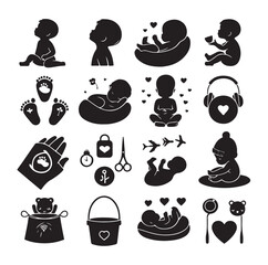 Newborn baby black set silhouette vector illustration