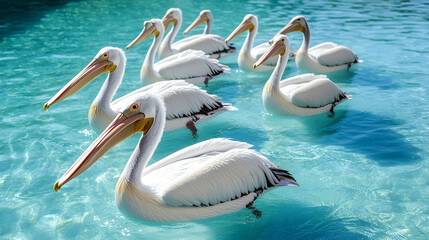 White Pelicans Gracefully Swimming in Turquoise Water, A Serene Aquatic Scene