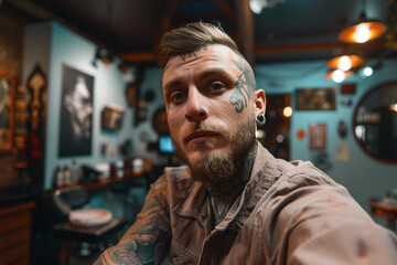 Generative AI Portrait of stylish hipster Tattoo Artist in Tattoo Studio Setting