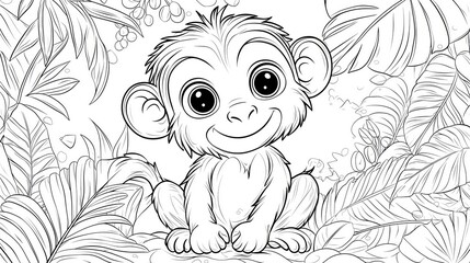 Coloring page of Cute Cartoon Monkey Surrounded by Lush Tropical Foliage, Black and White Coloring Page for Kids, Fun Activity for Young Artists and Monkey Lovers Alike.