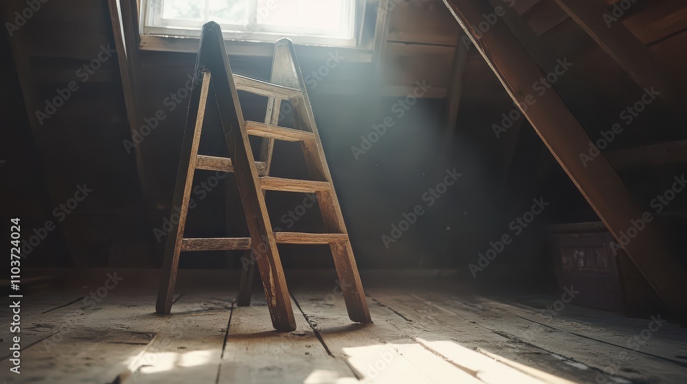 Poster wooden ladder in attic with soft light rays illuminating dusty air creating an atmospheric and nosta