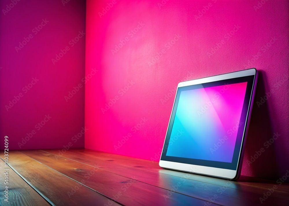 Poster modern tablet computer displaying on vibrant pink wall with ample copy space for creative digital ma