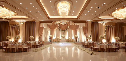 Obraz premium Wedding hall with luxurious decor, offering a refined, minimalist atmosphere.
