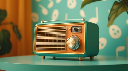 A vintage radio on a colorful table adds charm