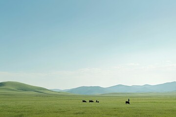 Obraz premium Vast green field, distant mountains, cattle, lone figure.