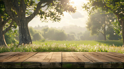Naklejka premium Tree table wood podium in a farm display for food, perfume, and other products on a nature background. Table with grass, trees, and sunlight in the morning.
