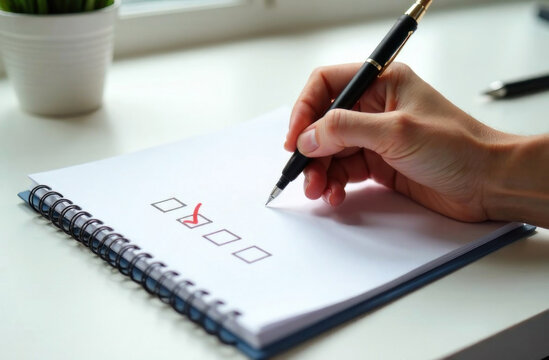A person fills out a checklist on a notepad while sitting at a well-lit desk adorned with greenery
