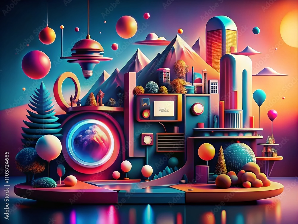 Poster modern upgrade application progress concept with surreal elements depicting system enhancement and d