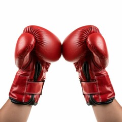 Two hands wearing red boxing gloves are touching each other