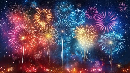 Naklejka premium Colorful Fireworks Display Exploding in Night Sky Captivating the Spectators with Vibrant Bursts of Light