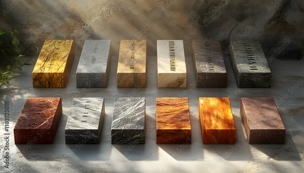 Poster collection of various stone and wood samples in rectangular blocks, illuminated by sunlight.