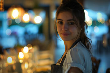 Generative AI Image of Waiter or Waitress Working in Fast Food Cafe Restaurant with Warm Ambient Lighting