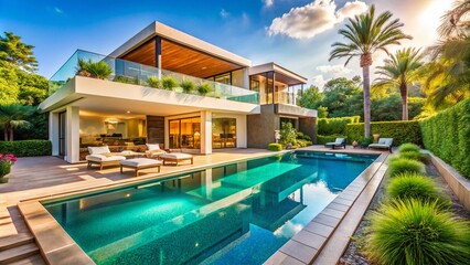 Fototapeta premium Modern Villa with a Stunning Swimming Pool Surrounded by Lush Greenery in a Bright Sunny Landscape Ideal for Luxurious Living and Relaxation in Nature’s Embrace