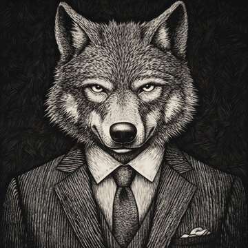 A wolf businessman wearing a tailored suit and tie, exuding a cunning and professional vibe. The humorous anthropomorphic portrait is rendered in intricate scratchboard engraving in black-and-white.