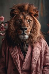 Fototapeta premium Regal Lion Portrayed in Elegant Attire Surrounded by Delicate Blossoms in Vintage Style with Dramatic Lighting and Soft Textureslion