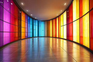 Colorful curved corridor with illuminated glass panels and reflective floor.