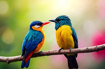 Obraz premium Vibrant pair of blue and yellow birds, perched on a branch, showcases nature's stunning palette.