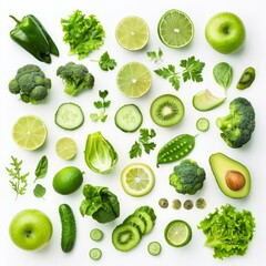 Variety of fresh green vegetables and fruits on white background
